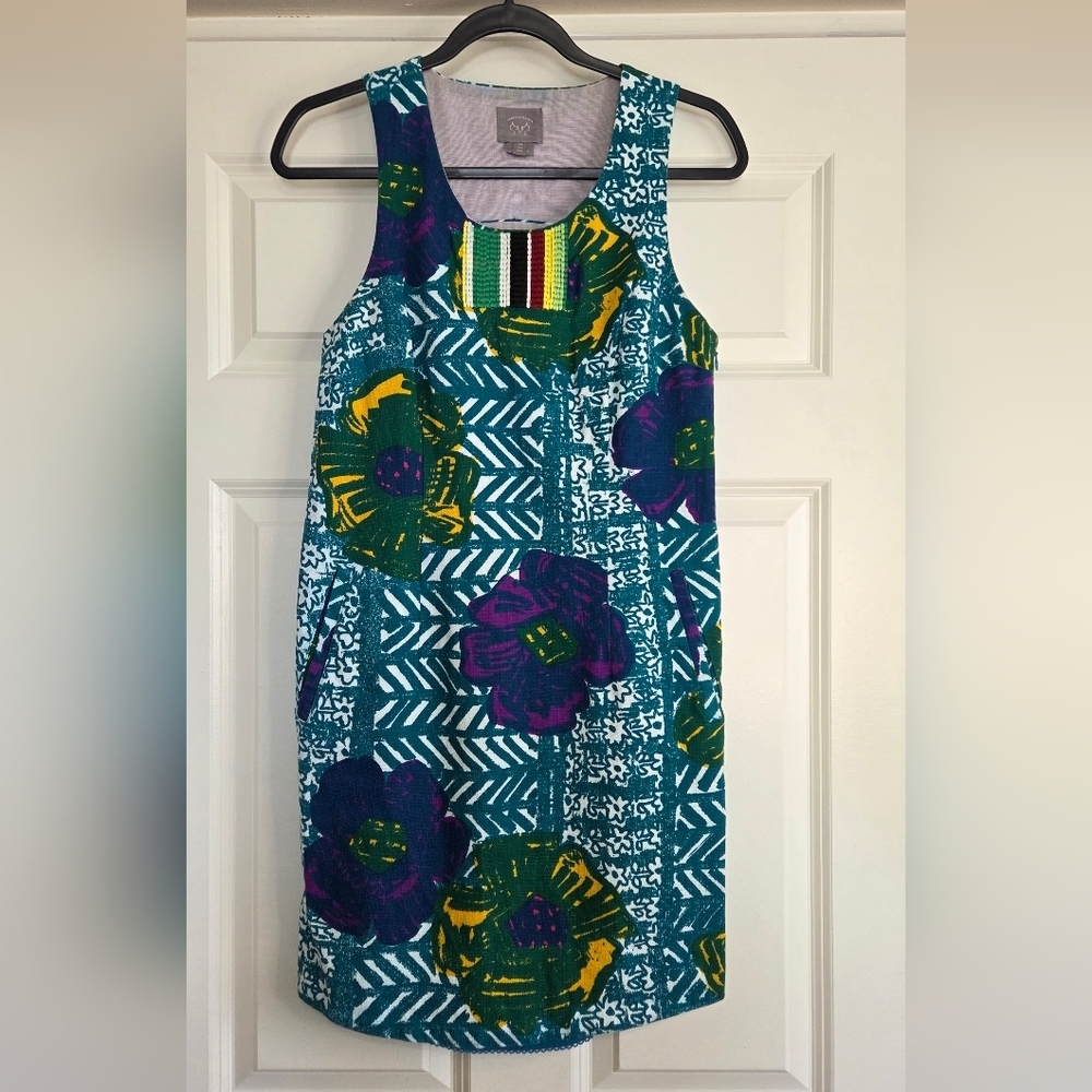 Anthro Vanessa Virginia Blue Abstract Floral Print Shift Dress - Size 4